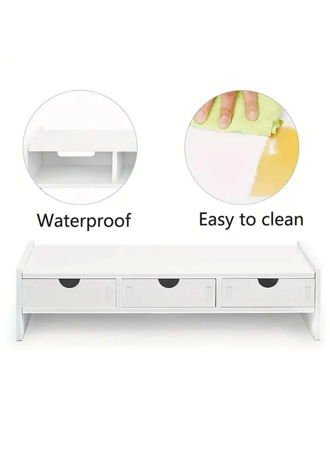 White Adjustable Height Monitor Stand With Storage Drawers Shelves Desk Organizer - Image 4